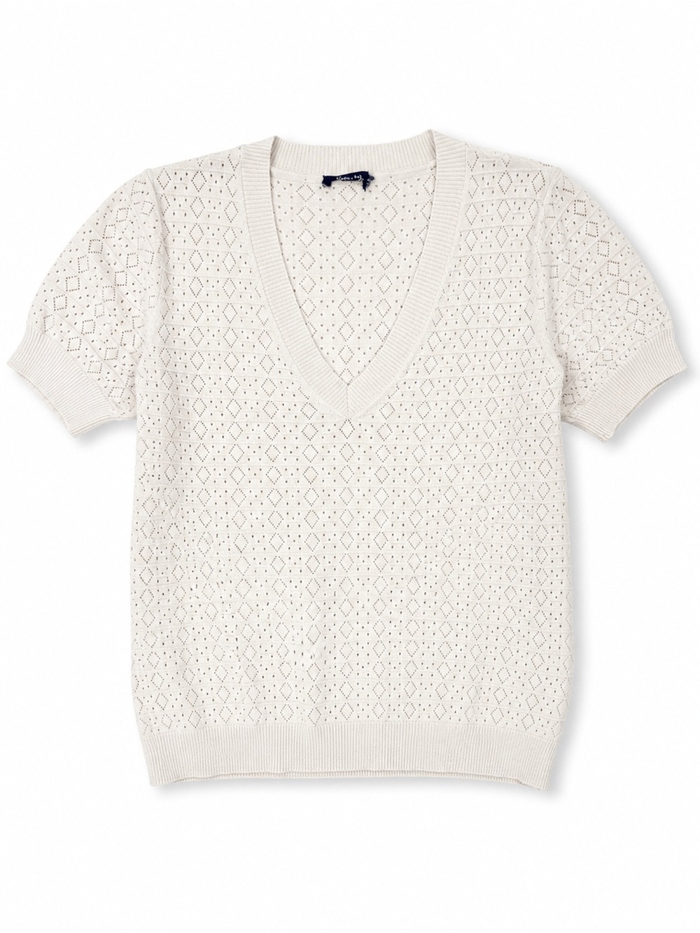 Splendid White Pointelle Knit V Neck Short Sleeve Sweater Women’s S 19x23